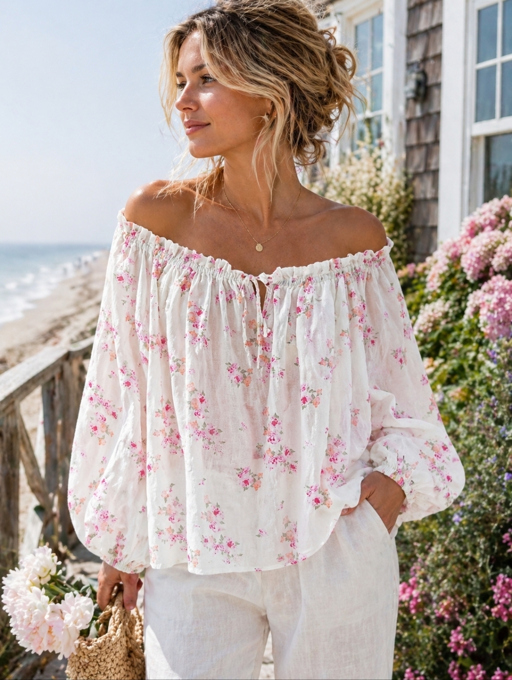 SAKS FIFTH AVENUE Floral LINEN BLOUSE  Cottagecore Peasant TOP Women's Size L